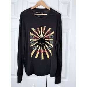 True Religion Men's Thermal Long Sleeve Shirt Black Skull Rising Sun Graphic M